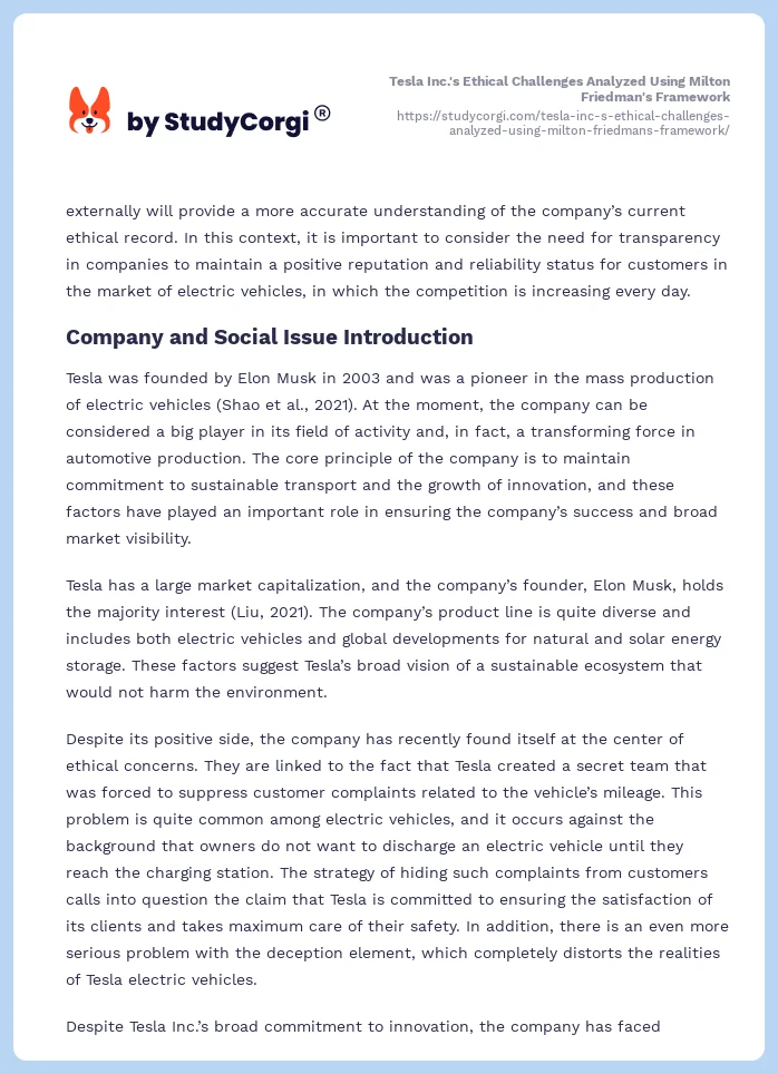 Tesla Inc.'s Ethical Challenges Analyzed Using Milton Friedman's Framework. Page 2