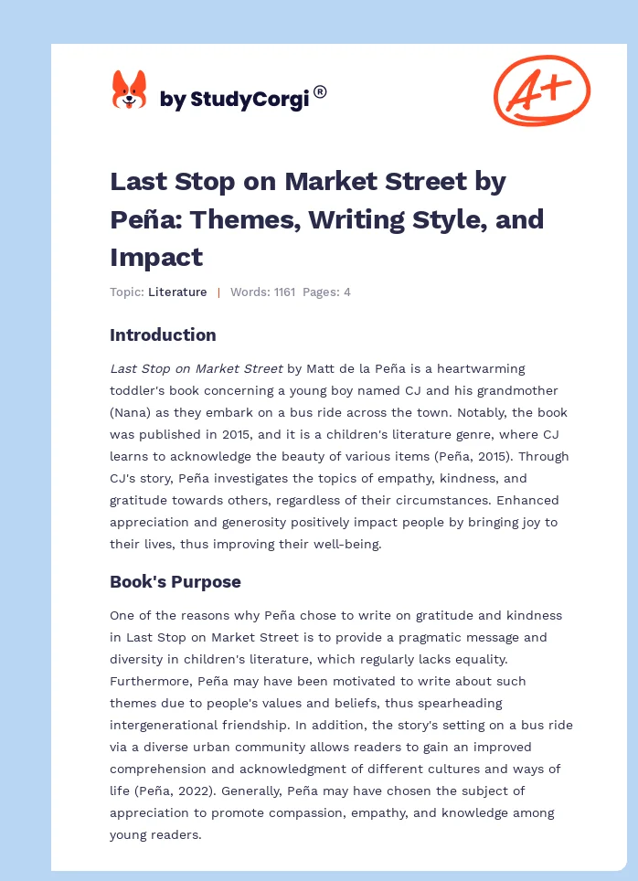 Last Stop on Market Street by Peña: Themes, Writing Style, and Impact. Page 1