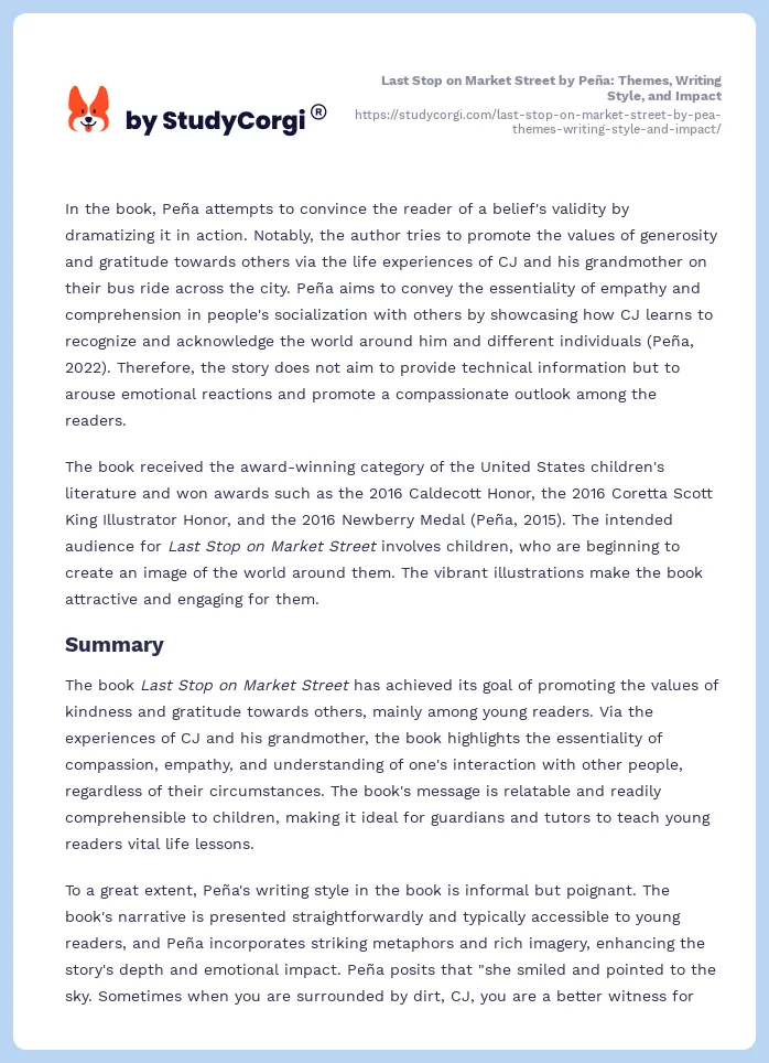 Last Stop on Market Street by Peña: Themes, Writing Style, and Impact. Page 2