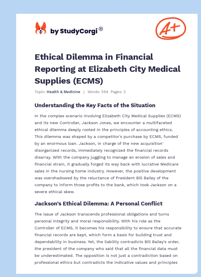 Ethical Dilemma in Financial Reporting at Elizabeth City Medical Supplies (ECMS). Page 1