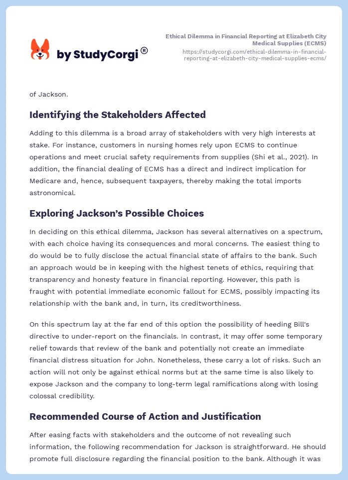 Ethical Dilemma in Financial Reporting at Elizabeth City Medical Supplies (ECMS). Page 2