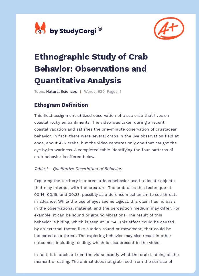 Ethnographic Study of Crab Behavior: Observations and Quantitative Analysis. Page 1