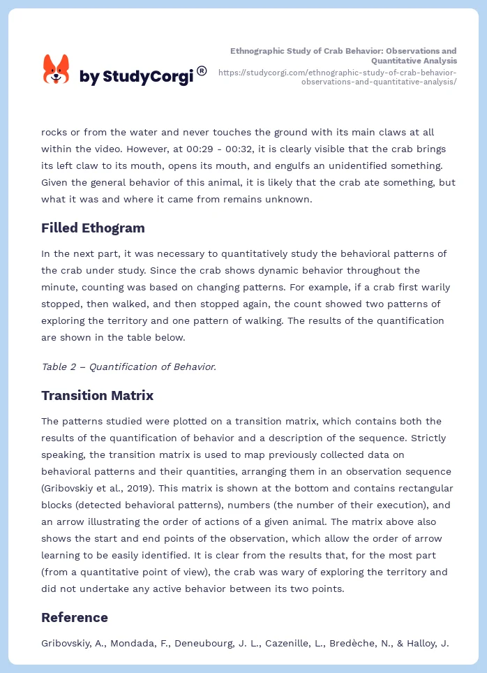 Ethnographic Study of Crab Behavior: Observations and Quantitative Analysis. Page 2