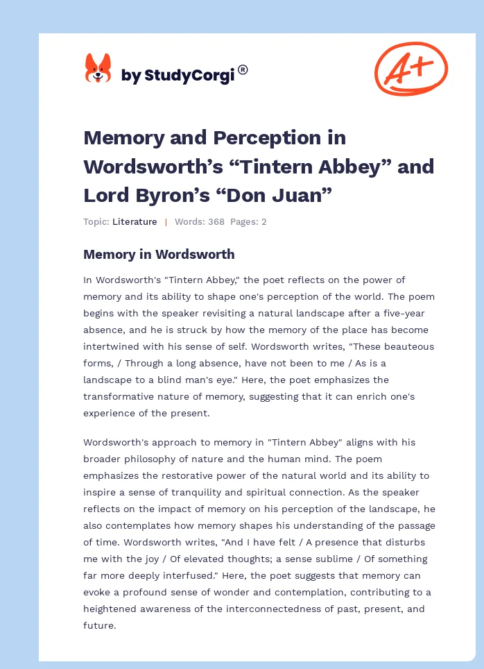 Memory and Perception in Wordsworth’s “Tintern Abbey” and Lord Byron’s “Don Juan”. Page 1