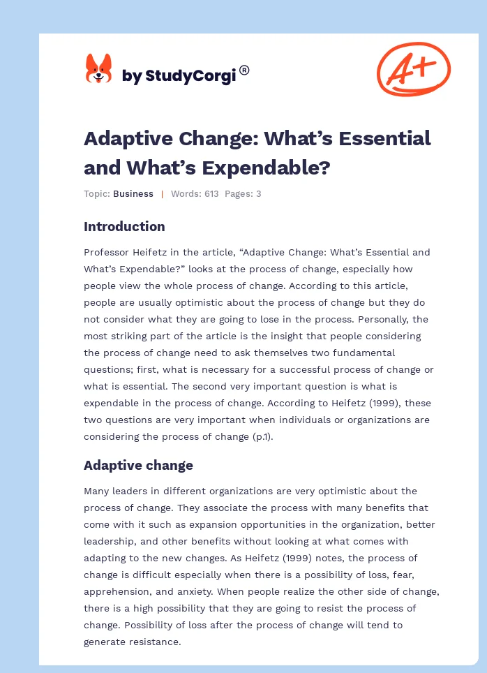 Adaptive Change: What’s Essential and What’s Expendable?. Page 1