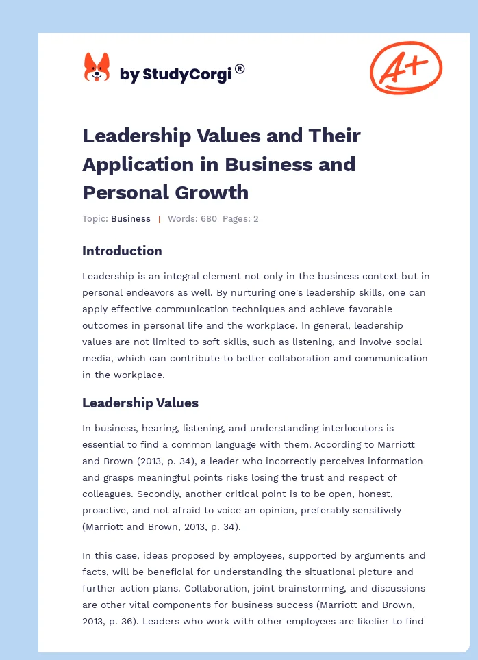 Leadership Values and Their Application in Business and Personal Growth. Page 1