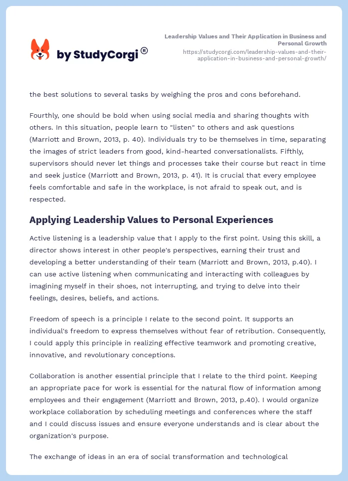 Leadership Values and Their Application in Business and Personal Growth. Page 2