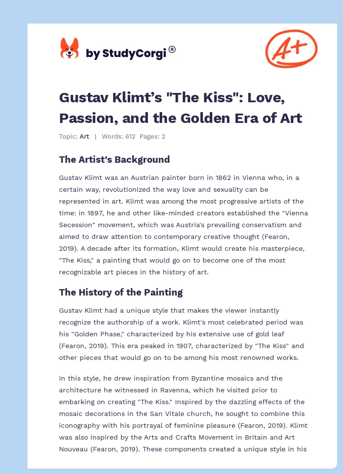 Gustav Klimt’s "The Kiss": Love, Passion, and the Golden Era of Art. Page 1