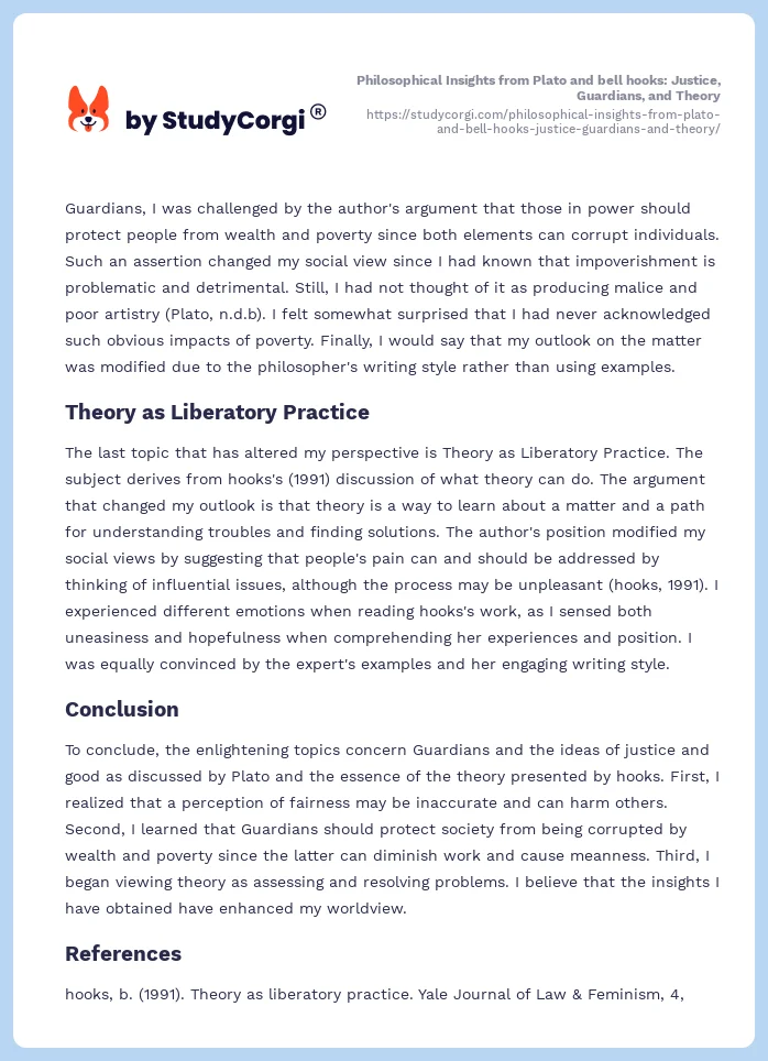 Philosophical Insights from Plato and bell hooks: Justice, Guardians, and Theory. Page 2