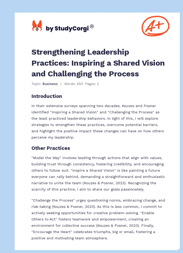 Strengthening Leadership Practices: Inspiring a Shared Vision and Challenging the Process. Page 1