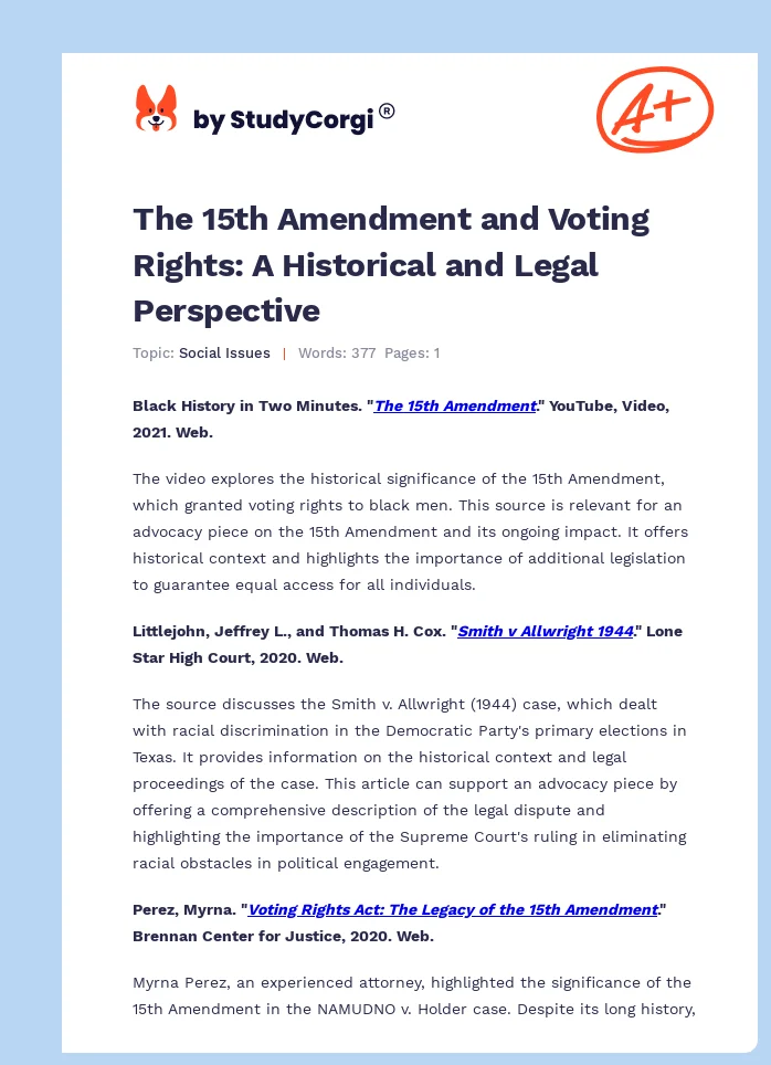 The 15th Amendment and Voting Rights: A Historical and Legal Perspective. Page 1