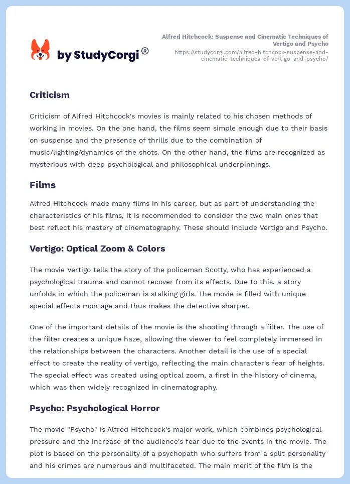Alfred Hitchcock: Suspense and Cinematic Techniques of Vertigo and Psycho. Page 2