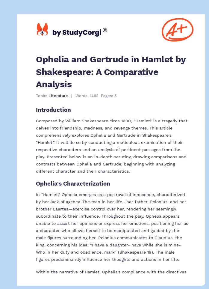Ophelia and Gertrude in Hamlet by Shakespeare: A Comparative Analysis. Page 1