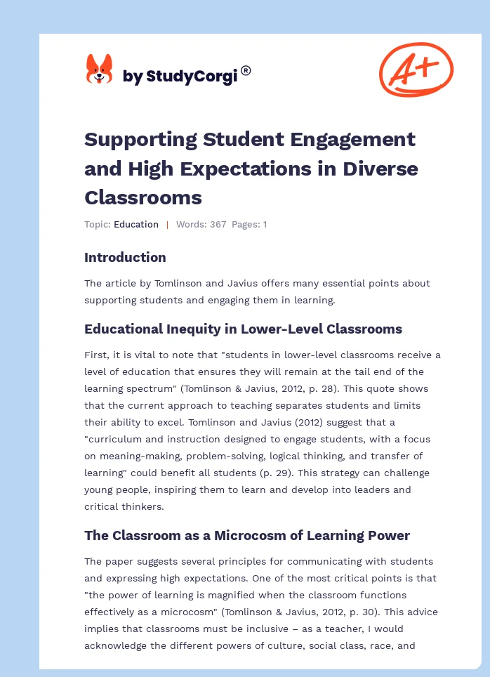 Supporting Student Engagement and High Expectations in Diverse Classrooms. Page 1