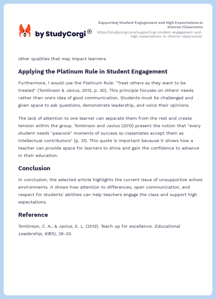 Supporting Student Engagement and High Expectations in Diverse Classrooms. Page 2