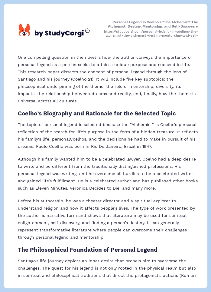 Personal Legend in Coelho's "The Alchemist" The Alchemist: Destiny, Mentorship, and Self-Discovery. Page 2