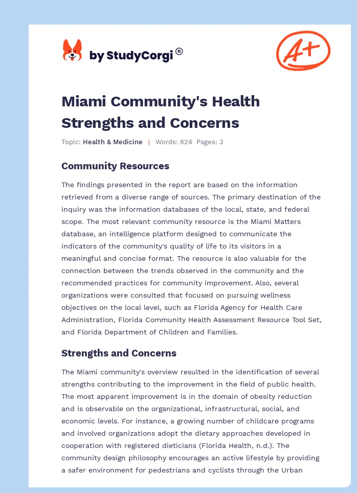 Miami Community's Health Strengths and Concerns. Page 1