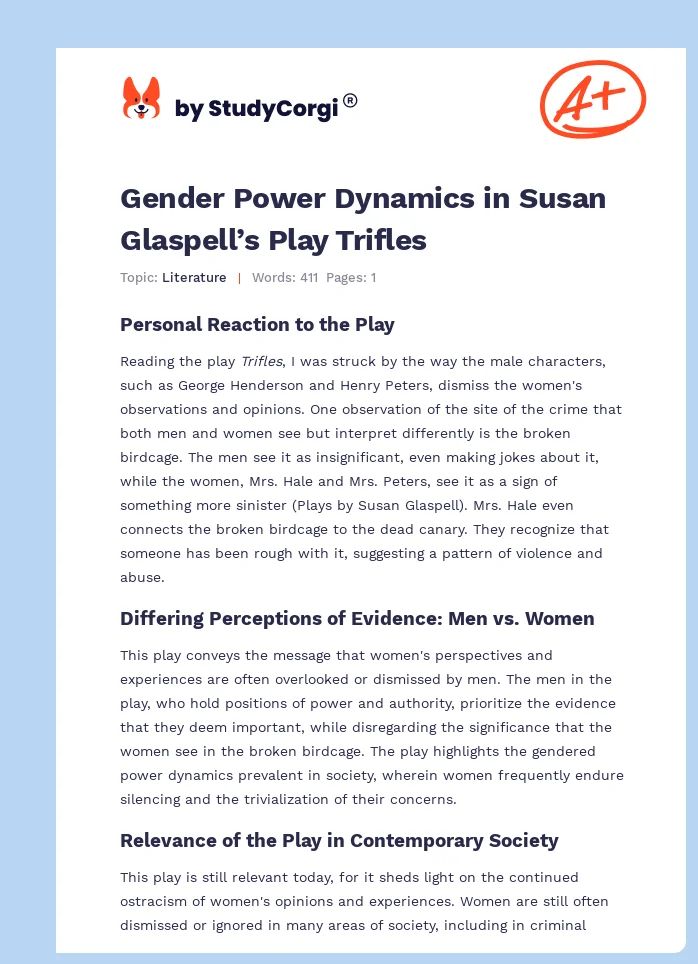 Gender Power Dynamics in Susan Glaspell’s Play Trifles. Page 1