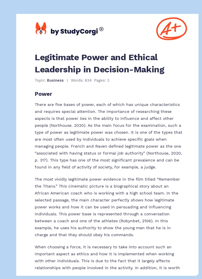Legitimate Power and Ethical Leadership in Decision-Making. Page 1