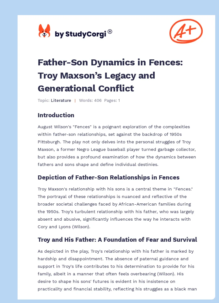 Father-Son Dynamics in Fences: Troy Maxson’s Legacy and Generational Conflict. Page 1
