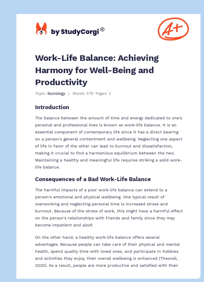 Work-Life Balance: Achieving Harmony for Well-Being and Productivity. Page 1