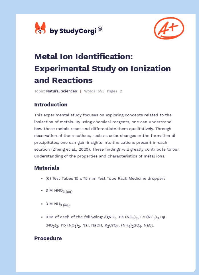 Metal Ion Identification: Experimental Study on Ionization and Reactions. Page 1