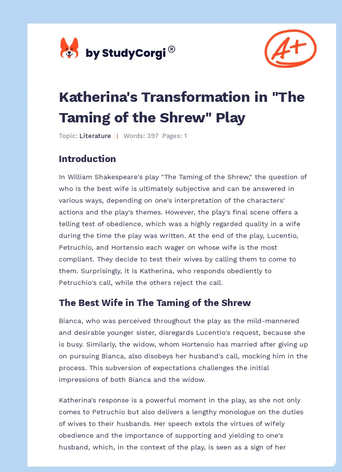 Katherina's Transformation in "The Taming of the Shrew" Play. Page 1