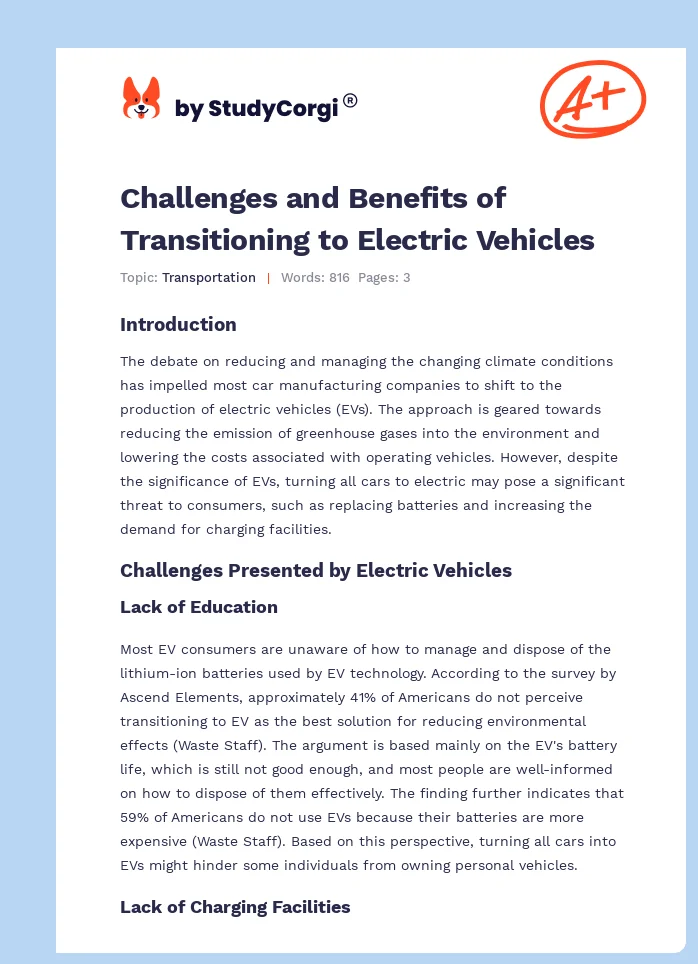 Challenges and Benefits of Transitioning to Electric Vehicles. Page 1
