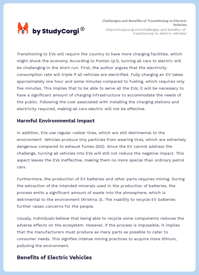 Challenges and Benefits of Transitioning to Electric Vehicles. Page 2