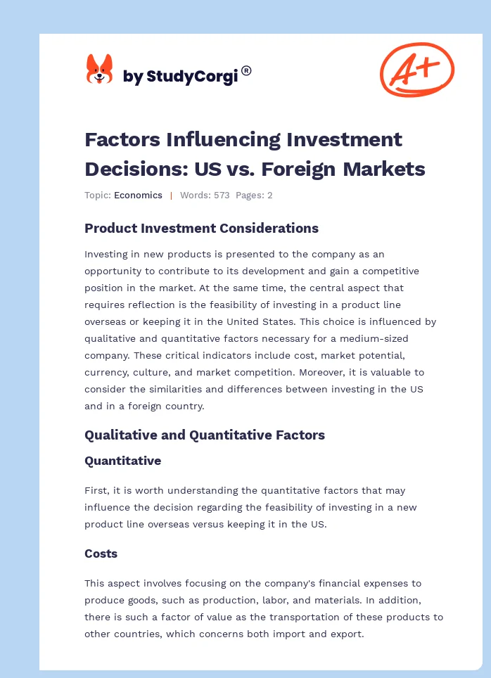Factors Influencing Investment Decisions: US vs. Foreign Markets. Page 1
