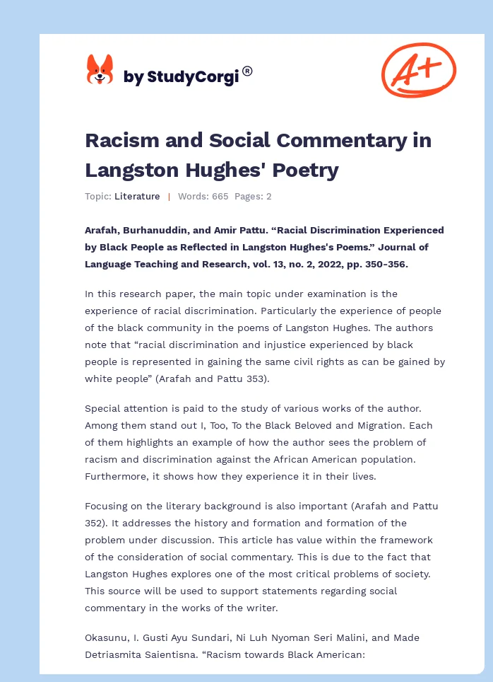 Racism and Social Commentary in Langston Hughes' Poetry. Page 1
