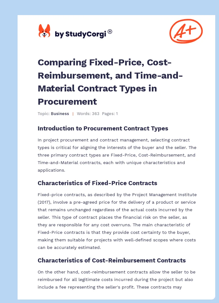 Comparing Fixed-Price, Cost-Reimbursement, and Time-and-Material Contract Types in Procurement. Page 1