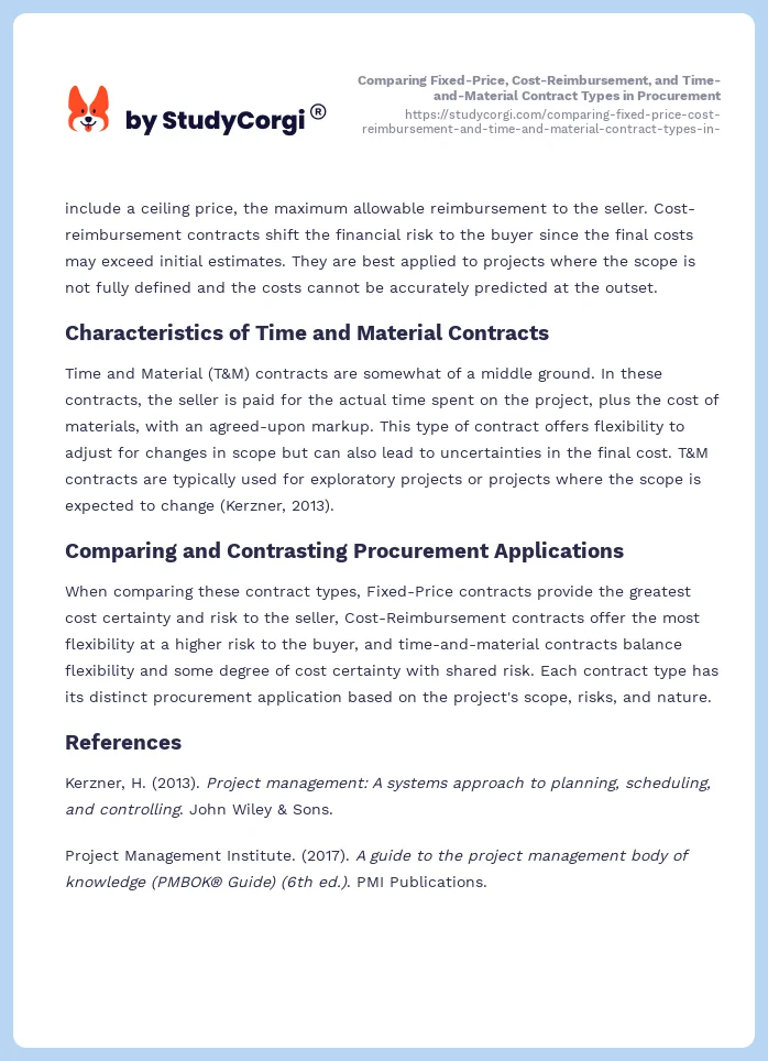 Comparing Fixed-Price, Cost-Reimbursement, and Time-and-Material Contract Types in Procurement. Page 2
