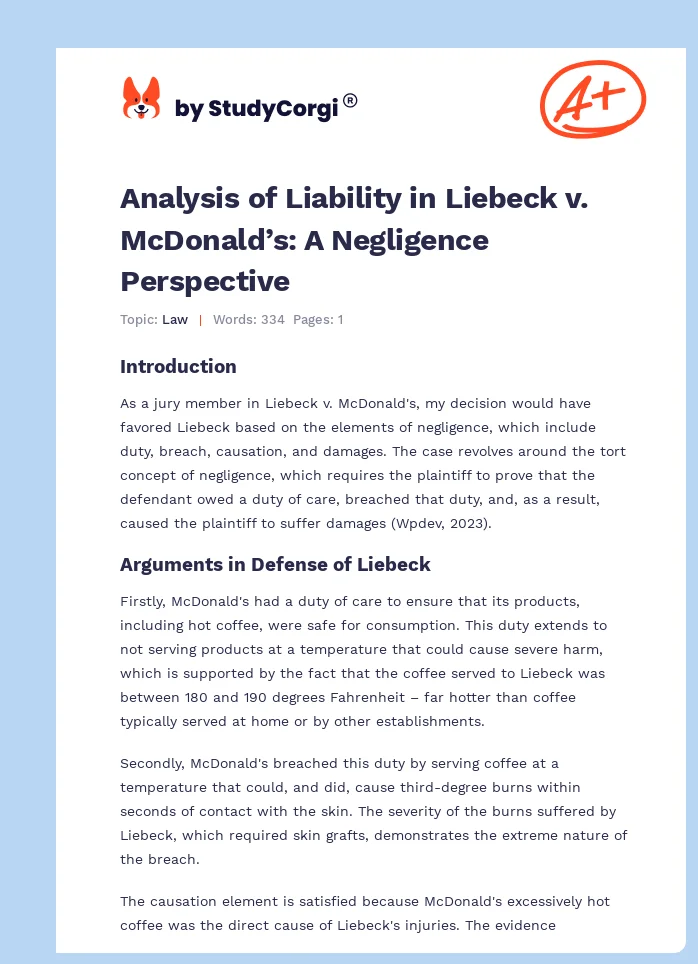 Analysis of Liability in Liebeck v. McDonald’s: A Negligence Perspective. Page 1
