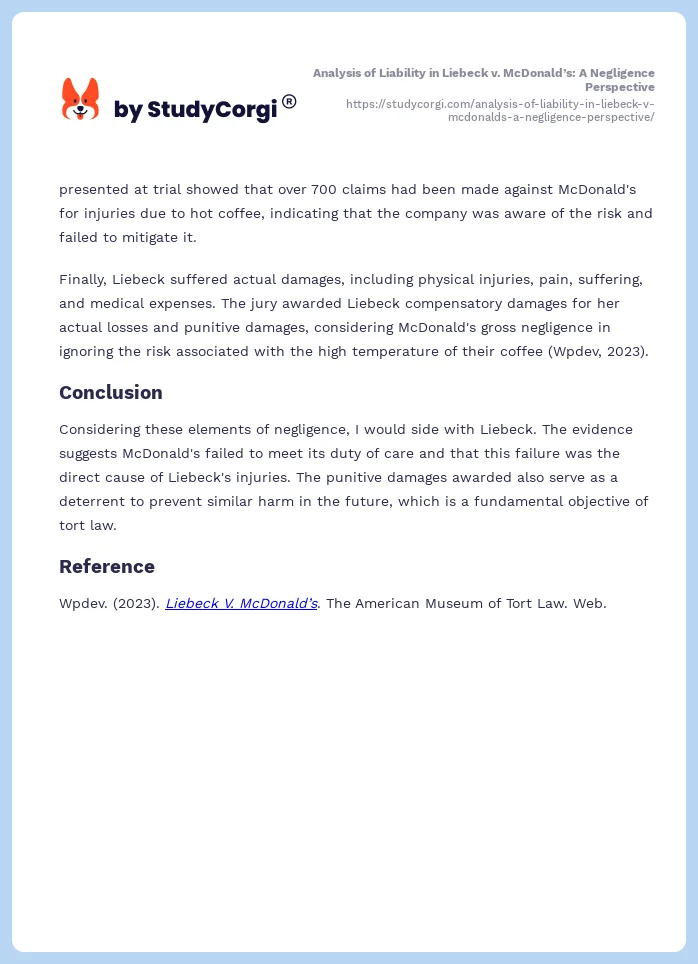 Analysis of Liability in Liebeck v. McDonald’s: A Negligence Perspective. Page 2