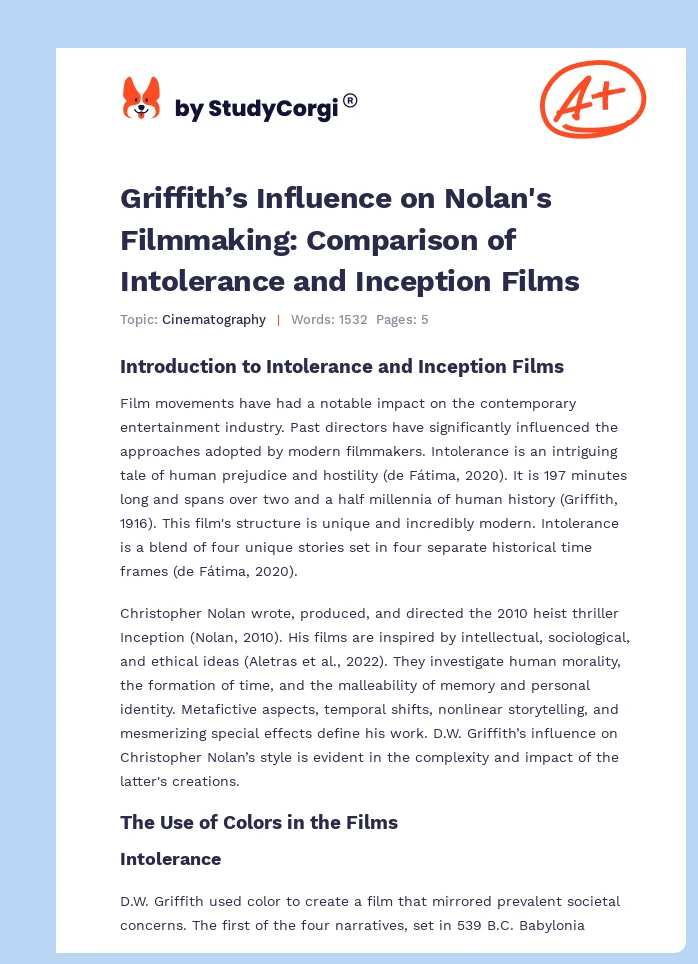 Griffith’s Influence on Nolan's Filmmaking: Comparison of Intolerance and Inception Films. Page 1