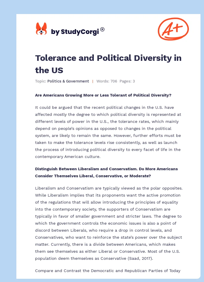 Tolerance and Political Diversity in the US. Page 1