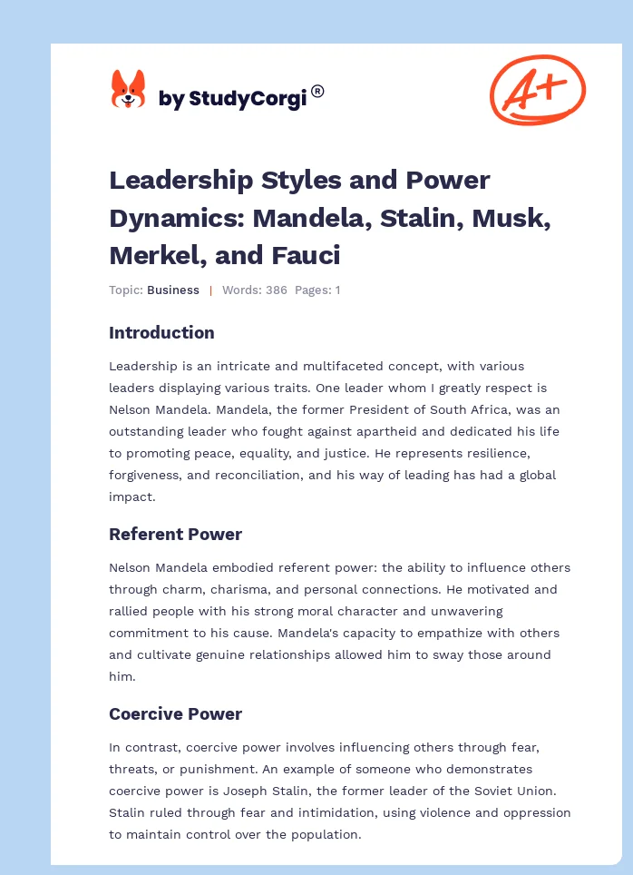 Leadership Styles and Power Dynamics: Mandela, Stalin, Musk, Merkel, and Fauci. Page 1