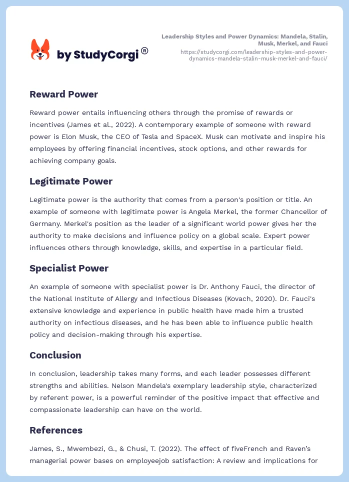 Leadership Styles and Power Dynamics: Mandela, Stalin, Musk, Merkel, and Fauci. Page 2