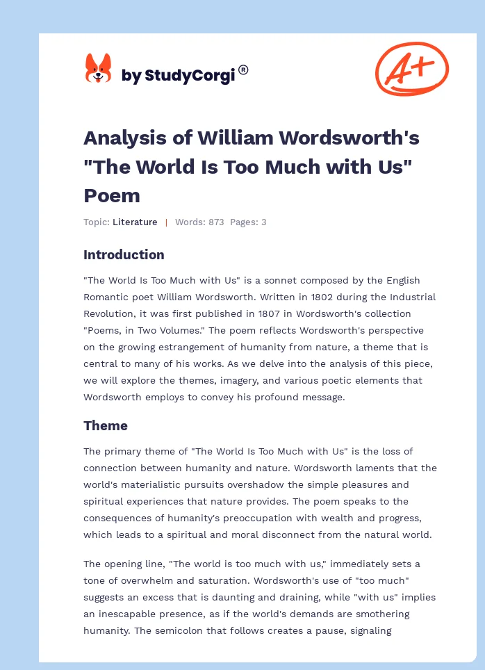 Analysis of William Wordsworth's "The World Is Too Much with Us" Poem. Page 1