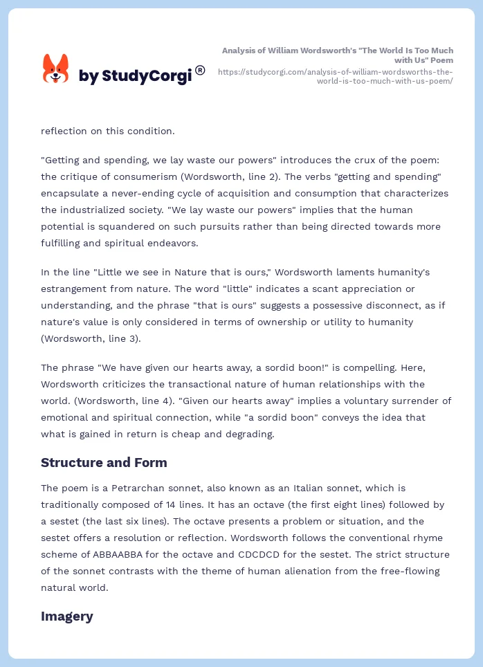 Analysis of William Wordsworth's "The World Is Too Much with Us" Poem. Page 2