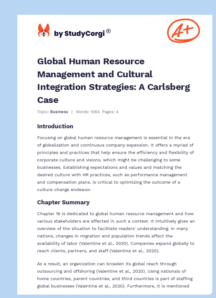 Global Human Resource Management and Cultural Integration Strategies: A Carlsberg Case. Page 1