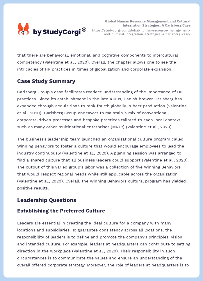 Global Human Resource Management and Cultural Integration Strategies: A Carlsberg Case. Page 2