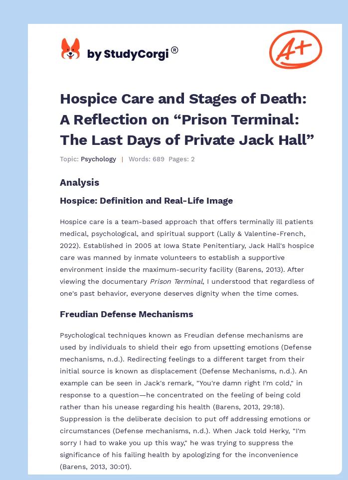 Hospice Care and Stages of Death: A Reflection on “Prison Terminal: The Last Days of Private Jack Hall”. Page 1