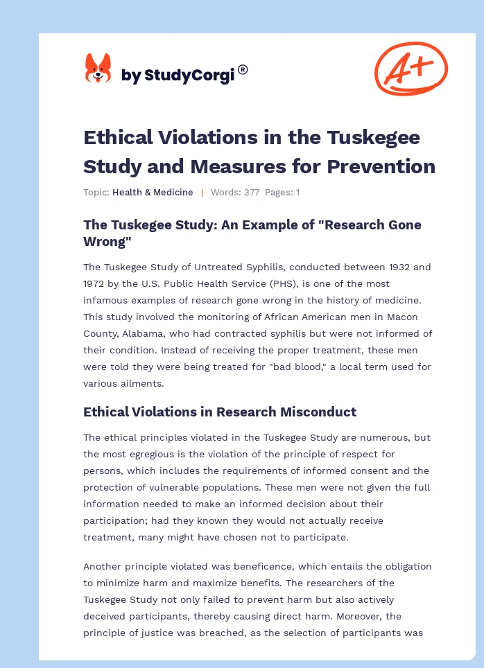 Ethical Violations in the Tuskegee Study and Measures for Prevention. Page 1