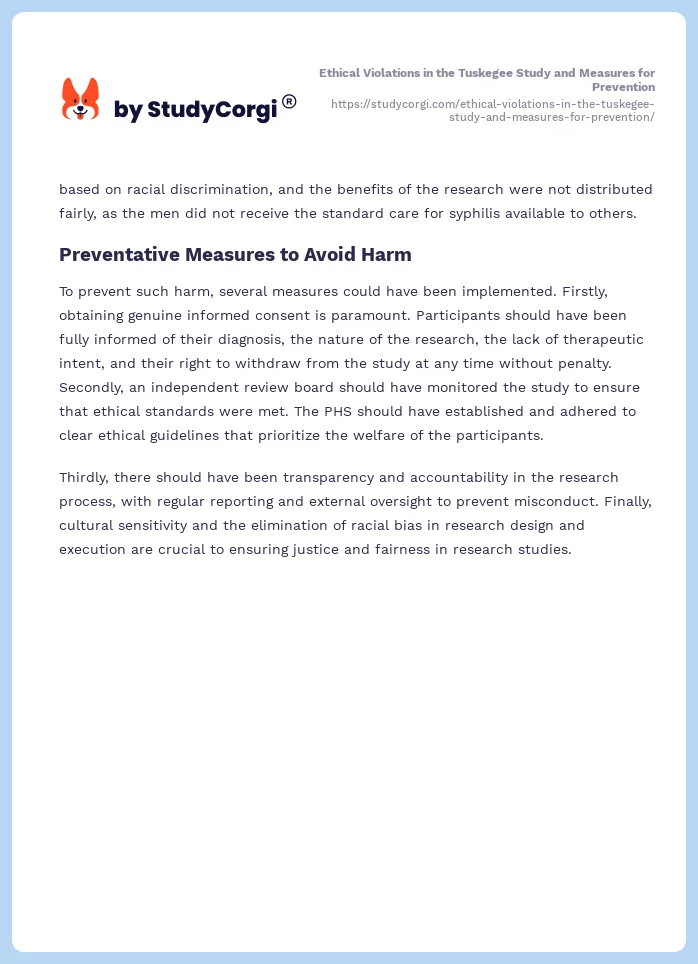 Ethical Violations in the Tuskegee Study and Measures for Prevention. Page 2