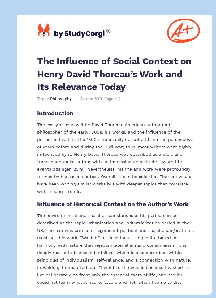 The Influence of Social Context on Henry David Thoreau’s Work and Its Relevance Today. Page 1