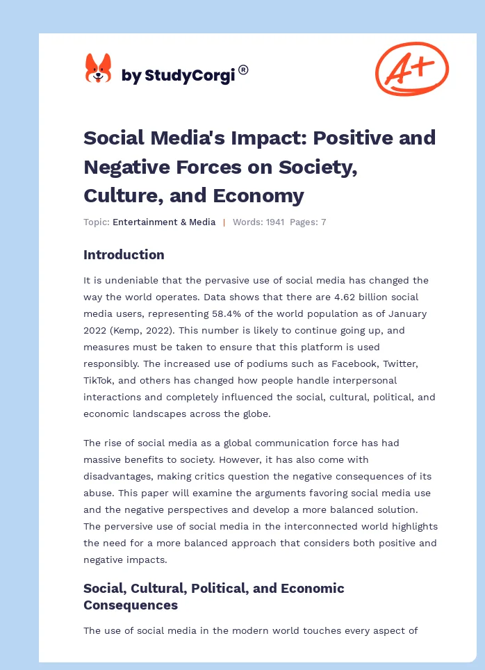Social Media's Impact: Positive and Negative Forces on Society, Culture, and Economy. Page 1