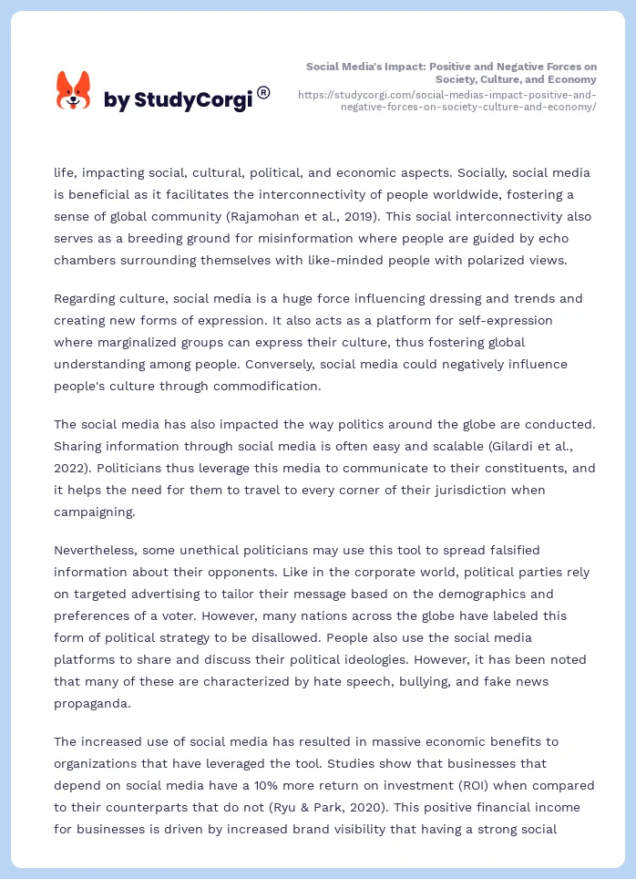 Social Media's Impact: Positive and Negative Forces on Society, Culture, and Economy. Page 2