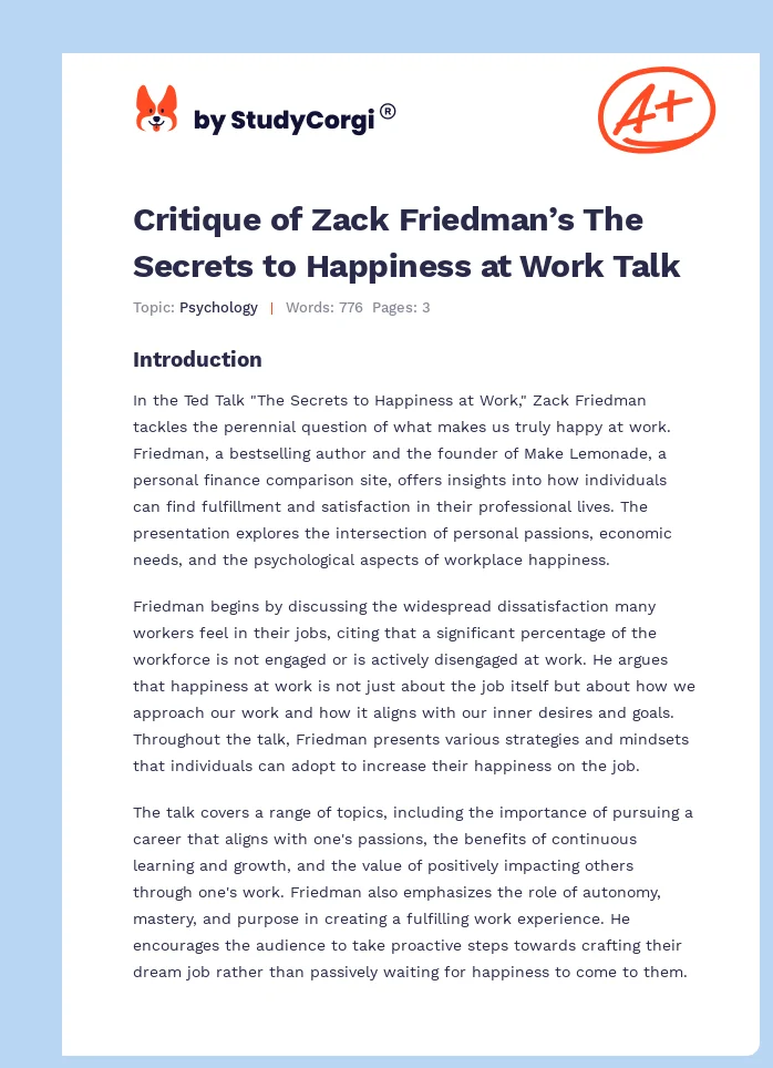 Critique of Zack Friedman’s The Secrets to Happiness at Work Talk. Page 1